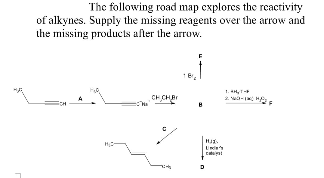 H3C
The following road map explores the reactivity
of alkynes. Supply the missing reagents over the arrow and
the missing products after the arrow.
A
H3C
H3C
Na
CH₂CH₂Br
C
-CH3
1 Br 2
E
B
D
H₂(g),
Lindlar's
catalyst
1. BH₂-THF
2. NaOH(aq), H₂O₂
F
