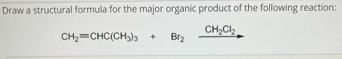 Draw a structural formula for the major organic product of the following reaction:
CH₂Cl₂
CH2=CHC(CH3)3 + Br₂