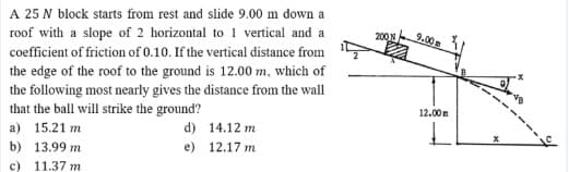 A 25 N block starts from rest and slide 9.00 m down a
roof with a slope of 2 horizontal to 1 vertical and a
200N
9.00
coefficient of friction of 0.10. If the vertical distance from
the edge of the roof to the ground is 12.00 m, which of
the following most nearly gives the distance from the wall
that the ball will strike the ground?
12.00
a) 15.21 m
d) 14.12 m
e) 12.17 m
b) 13.99 m
c) 11.37 m
