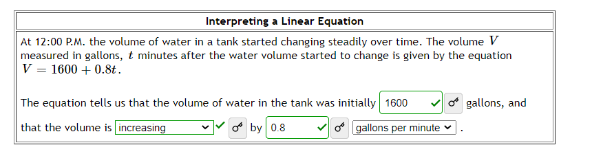 Interpreting a Linear Equation
At 12:00 P.M. the volume of water in a tank started changing steadily over time. The volume V
measured in gallons, t minutes after the water volume started to change is given by the equation
V = 1600 + 0.8t.
The equation tells us that the volume of water in the tank was initially 1600
of gallons, and
that the volume is increasing
o by 0.8
o gallons per minute v
