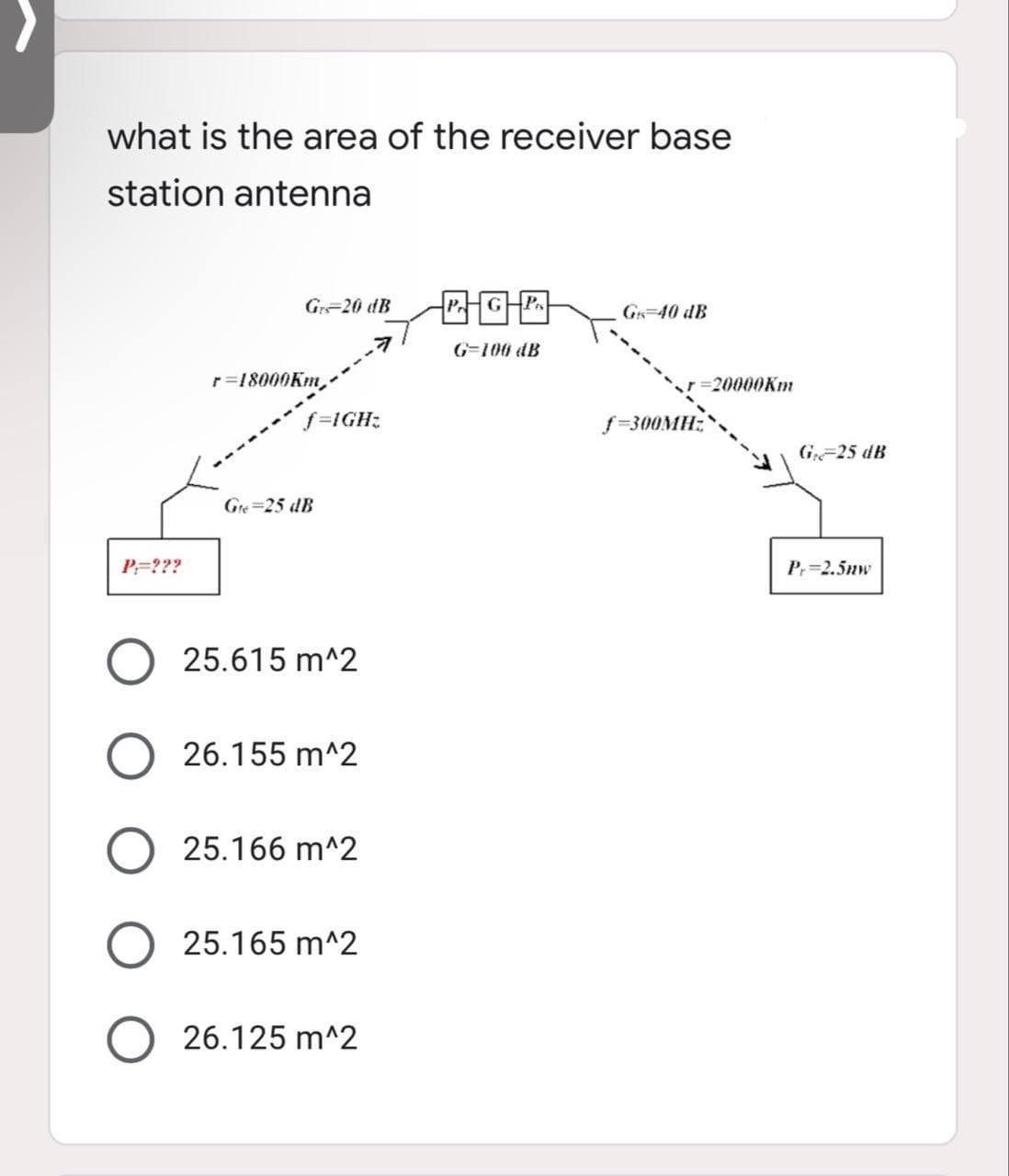 what is the area of the receiver base
station antenna
Grs 20 dB
PGP
G-40 dB
7
G-100 dB
r=18000Km,
f=300MH:
Gre 25 dB
P=???
O 25.615 m^2
O 26.155 m^2
O 25.166 m^2
O 25.165 m^2
O 26.125 m^2
f=IGH:
-20000Km
Gr 25 dB
Pr=2.5mw