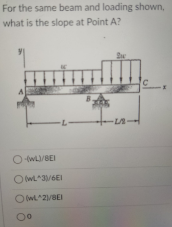 For the same beam and loading shown,
what is the slope at Point A?
C
B.
-L-
-L/2-
O-(WL)/8EI
O (WL^3)/6EI
O (wL^2)/8EI
