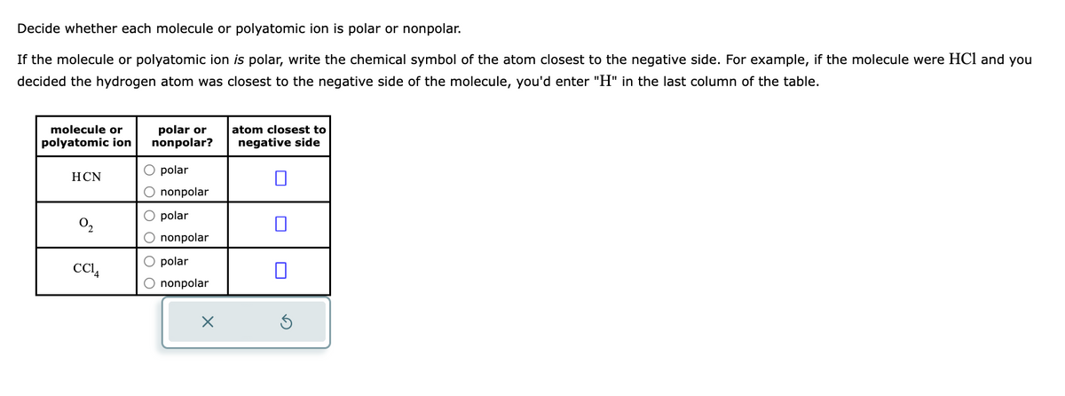 Decide whether each molecule or polyatomic ion is polar or nonpolar.
If the molecule or polyatomic ion is polar, write the chemical symbol of the atom closest to the negative side. For example, if the molecule were HCl and you
decided the hydrogen atom was closest to the negative side of the molecule, you'd enter "H" in the last column of the table.
molecule or
polyatomic ion
HCN
0₂
CC14
polar or
nonpolar?
O polar
O nonpolar
O polar
O nonpolar
O polar
nonpolar
X
atom closest to
negative side