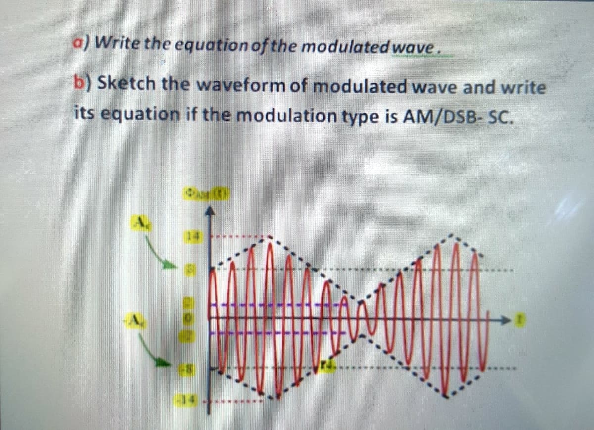 a) Write the equation of the modulated wave.
b) Sketch the waveform of modulated wave and write
its equation if the modulation type is AM/DSB- SC.
