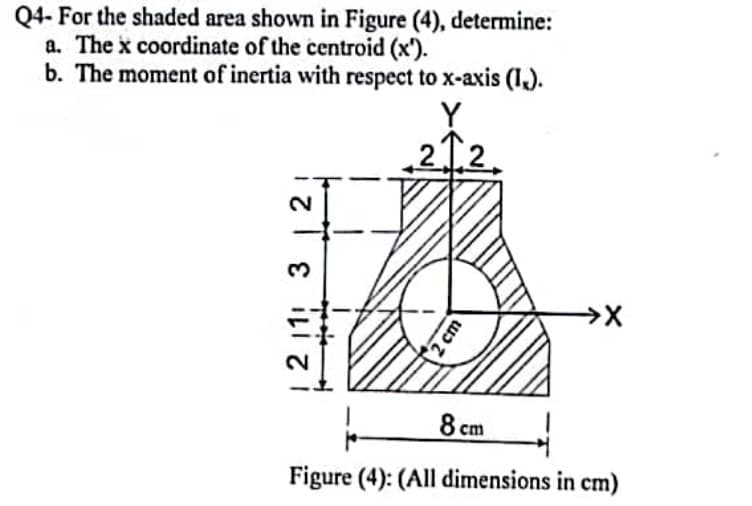 Q4- For the shaded area shown in Figure (4), determine:
a. The x coordinate of the centroid (x').
b. The moment of inertia with respect to x-axis (1.).
Y
12.
1 2 11 3
2 cm
→→X
8 cm
Figure (4): (All dimensions in cm)