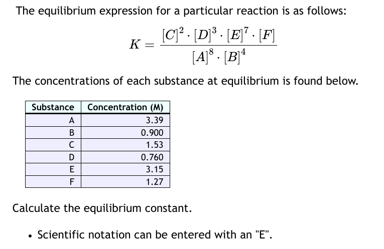 The equilibrium expression for a particular reaction is as follows:
K =
[C]² · [D]³ · [E]7 · [F]
[A] . [B]4
The concentrations of each substance at equilibrium is found below.
Substance
Concentration (M)
A
3.39
B
0.900
C
1.53
D
0.760
E
3.15
F
1.27
Calculate the equilibrium constant.
Scientific notation can be entered with an "E".
