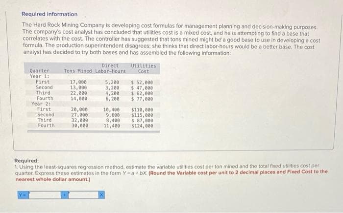Required information
The Hard Rock Mining Company is developing cost formulas for management planning and decision-making purposes.
The company's cost analyst has concluded that utilities cost is a mixed cost, and he is attempting to find a base that
correlates with the cost. The controller has suggested that tons mined might be a good base to use in developing a cost
formula. The production superintendent disagrees; she thinks that direct labor-hours would be a better base. The cost
analyst has decided to try both bases and has assembled the following information:
Quarter
Year 1:1
First
Second
Third
Fourth
Year 2:
First
Second
Third
Fourth
Direct
Tons Mined Labor-Hours
17,000
13,000
22,000
14,000
20,000
27,000
32,000
30,000
5,200
3,200
4,200
6,200
10,400
9,600
8,400
11,400
Utilities
Cost
$ 52,000
$ 47,000
$ 62,000
$ 77,000
$110,000
$115,000
$ 87,000
$124,000
Required:
1. Using the least-squares regression method, estimate the variable utilities cost per ton mined and the total fixed utilities cost per
quarter. Express these estimates in the form Ya+bX. (Round the Variable cost per unit to 2 decimal places and Fixed Cost to the
nearest whole dollar amount.)