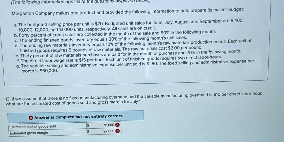 [The following information applies to the questions displayed
Morganton Company makes one product and provided the following information to help prepare its master budget:
a. The budgeted selling price per unit is $70. Budgeted unit sales for June, July, August, and September are 8,400,
10,000, 12,000, and 13,000 units, respectively. All sales are on credit.
b. Forty percent of credit sales are collected in the month of the sale and 60% in the following month.
c. The ending finished goods inventory equals 20% of the following month's unit sales.
d. The ending raw materials inventory equals 10% of the following month's raw materials production needs. Each unit of
finished goods requires 5 pounds of raw materials. The raw materials cost $2.00 per pound.
e. Thirty percent of raw materials purchases are paid for in the month of purchase and 70% in the following month.
f. The direct labor wage rate is $15 per hour. Each unit of finished goods requires two direct labor-hours.
g. The variable selling and administrative expense per unit sold is $1.80. The fixed selling and administrative expense per
month is $60,000.
13. If we assume that there is no fixed manufacturing overhead and the variable manufacturing overhead is $10 per direct labor-hour,
what are the estimated cost of goods sold and gross margin for July?
Answer is complete but not entirely correct.
Estimated cost of goods sold
Estimated gross margin
$
78,000X
$
22,000 x
