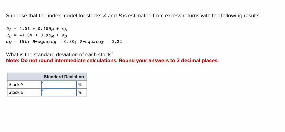 Suppose that the index model for stocks A and B is estimated from excess returns with the following results:
RA = 2.0%+ 0.40RM + eA
RB
= -1.8% + 0.9RM + eB
OM 15%; R-squareд = 0.30; R-square= 0.22
=
What is the standard deviation of each stock?
Note: Do not round intermediate calculations. Round your answers to 2 decimal places.
Stock A
Stock B
Standard Deviation
%
%