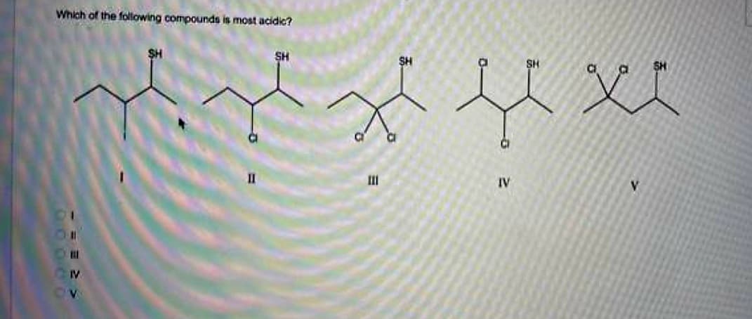 Which of the following compounds is most acidic?
===>
CIV
V
SH
SH
кних
11
SH
III
IV
SH
V
SH