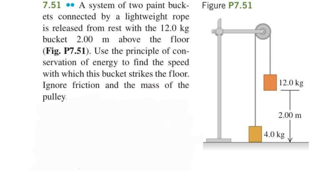 7.51 • A system of two paint buck-
ets connected by a lightweight rope
is released from rest with the 12.0 kg
Figure P7.51
bucket 2.00 m above the floor
(Fig. P7.51). Use the principle of con-
servation of energy to find the speed
with which this bucket strikes the floor.
12.0 kg
Ignore friction and the mass of the
pulley.
2.00 m
4.0 kg
