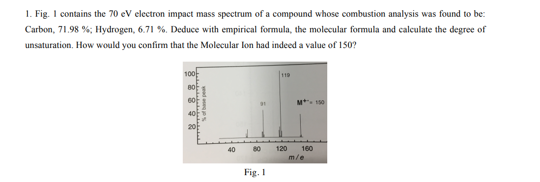 1. Fig. 1 contains the 70 eV electron impact mass spectrum of a compound whose combustion analysis was found to be:
Carbon, 71.98%; Hydrogen, 6.71 %. Deduce with empirical formula, the molecular formula and calculate the degree of
unsaturation. How would you confirm that the Molecular Ion had indeed a value of 150?
100
80
60
40
20
% of base peak
40
91
80
Fig. 1
119
120
M+= 150
160
m/e