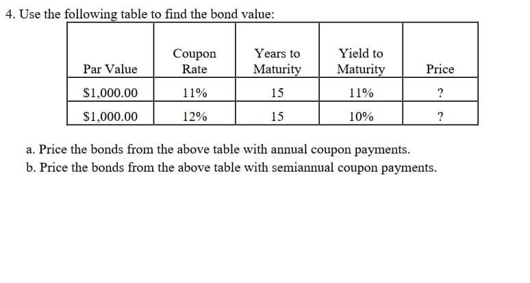 4. Use the following table to find the bond value:
Coupon
Years to
Yield to
Par Value
Rate
Maturity
Maturity
Price
$1,000.00
11%
15
11%
$1,000.00
12%
15
10%
a. Price the bonds from the above table with annual coupon payments.
b. Price the bonds from the above table with semiannual coupon payments.
