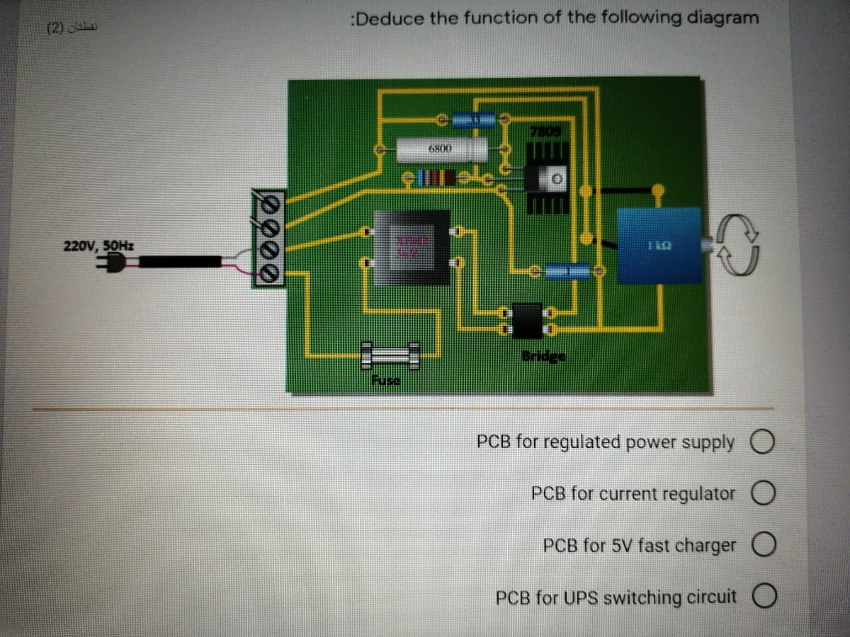 :Deduce the function of the following diagram
(2) uhai
6800
220V, 50HZ
Fuse
PCB for regulated power supplyO
PCB for current regulator C
PCB for 5V fast charger O
PCB for UPS switching circuit O
