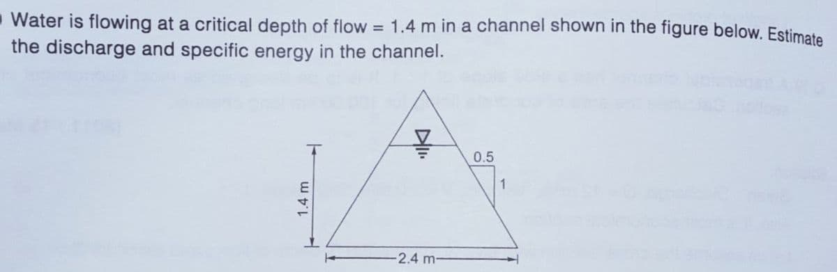 - Water is flowing at a critical depth of flow = 1.4 m in a channel shown in the figure below. Estimate
the discharge and specific energy in the channel.
몰
0.5
1
2.4 m-
1.4 m
