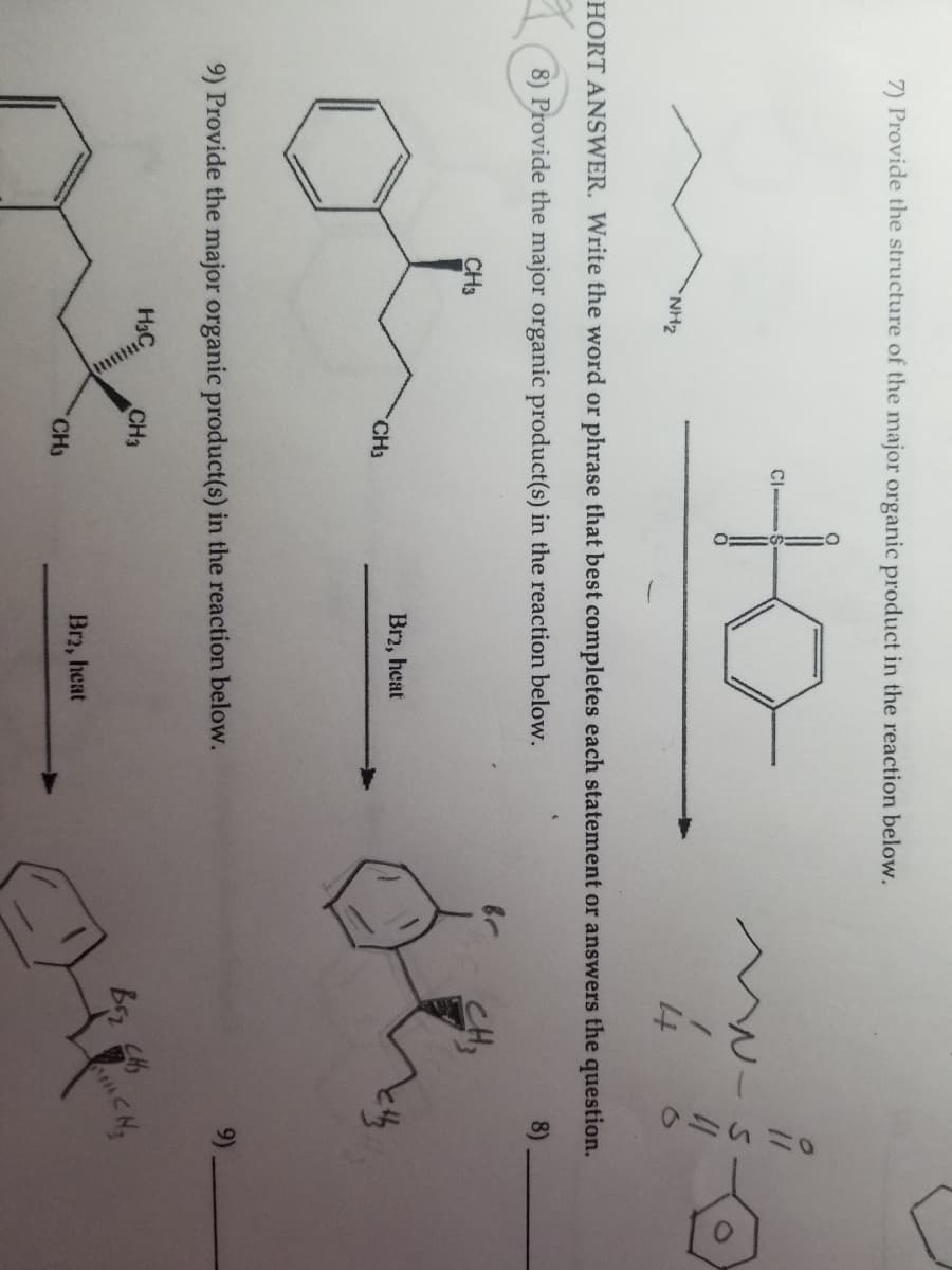 7) Provide the structure of the major organic product in the reaction below.
to
"NH₂
CH3
HORT ANSWER. Write the word or phrase that best completes each statement or answers the question.
8)
8) Provide the major organic product(s) in the reaction below.
CH3
H₂C
CI
9) Provide the major organic product(s) in the reaction below.
CH3
CH3
Br2, heat
W-s
11
Br2, heat
4
CH3
30
D
9)
"CH₂