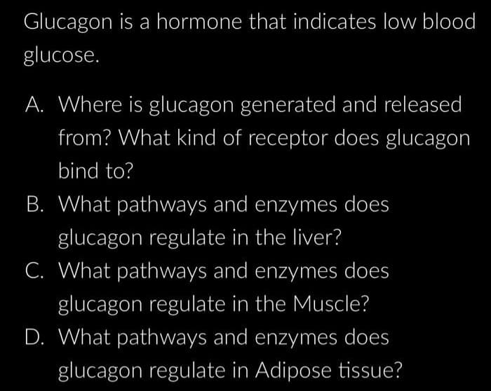 Glucagon is a hormone that indicates low blood
glucose.
A. Where is glucagon generated and released
from? What kind of receptor does glucagon
bind to?
B. What pathways and enzymes does
glucagon regulate in the liver?
C. What pathways and enzymes does
glucagon regulate in the Muscle?
D. What pathways and enzymes does
glucagon regulate in Adipose tissue?