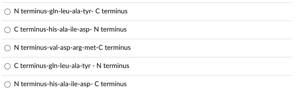 N terminus-gln-leu-ala-tyr- C terminus
C terminus-his-ala-ile-asp- N terminus
N terminus-val-asp-arg-met-C terminus
C terminus-gln-leu-ala-tyr - N terminus
N terminus-his-ala-ile-asp- C terminus
