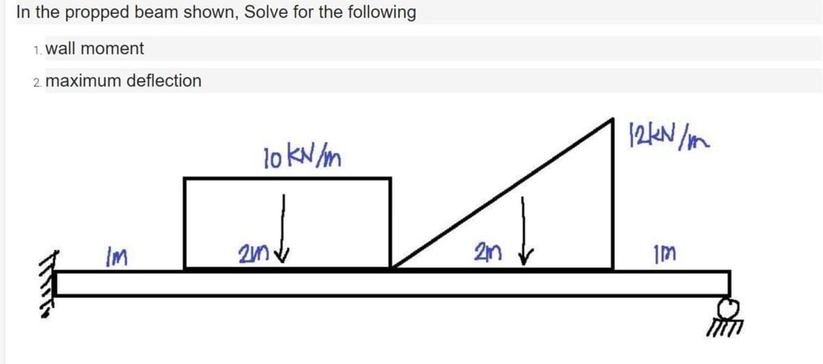 In the propped beam shown, Solve for the following
1. wall moment
2. maximum deflection
10 kN/m
Im
2m.
2m
12kN/m
1M