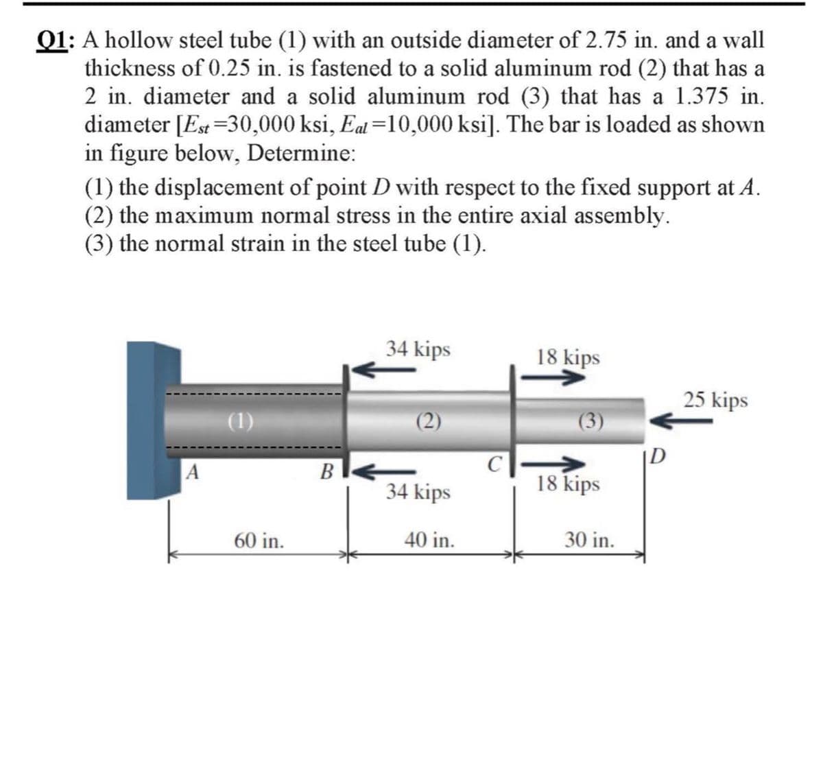 01: A hollow steel tube (1) with an outside diameter of 2.75 in. and a wall
thickness of 0.25 in. is fastened to a solid aluminum rod (2) that has a
2 in. diameter and a solid aluminum rod (3) that has a 1.375 in.
diameter [Est =30,000 ksi, Eal=10,000 ksi]. The bar is loaded as shown
in figure below, Determine:
(1) the displacement of point D with respect to the fixed support at A.
(2) the maximum normal stress in the entire axial assembly.
(3) the normal strain in the steel tube (1).
34 kips
18 kips
25 kips
(1)
|D
C
18 kips
B
34 kips
60 in.
40 in.
30 in.
