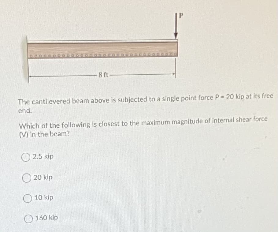 P
8 ft
The cantilevered beam above is subjected to a single point force P= 20 kip at its free
end.
Which of the following is closest to the maximum magnitude of internal shear force
(V) in the beam?
O 2.5 kip
20 kip
O10 kip
O 160 kip
