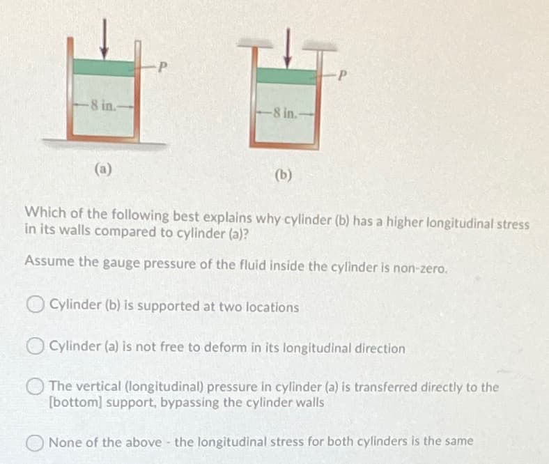 -8 in.-
-8 in.-
(a)
(b)
Which of the following best explains why cylinder (b) has a higher longitudinal stress
in its walls compared to cylinder (a)?
Assume the gauge pressure of the fluid inside the cylinder is non-zero.
O Cylinder (b) is supported at two locations
Cylinder (a) is not free to deform in its longitudinal direction
The vertical (longitudinal) pressure in cylinder (a) is transferred directly to the
[bottom] support, bypassing the cylinder walls
None of the above the longitudinal stress for both cylinders is the same
