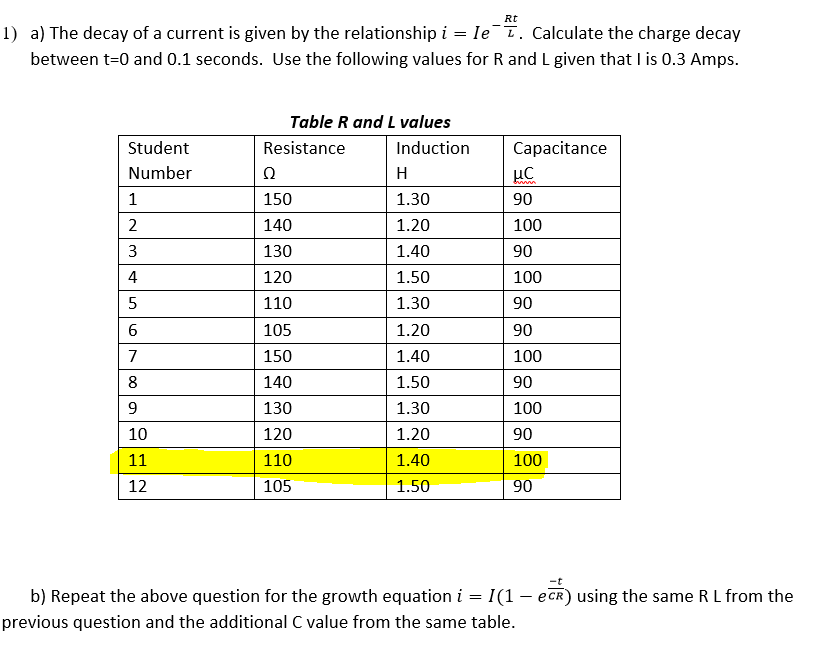 Rt
1) a) The decay of a current is given by the relationship i = le. Calculate the charge decay
between t=0 and 0.1 seconds. Use the following values for R and L given that I is 0.3 Amps.
Table R and L values
Student
Resistance
Induction
Capacitance
Number
Ω
H
μC
1
150
1.30
90
2
140
1.20
100
3
130
1.40
90
4
120
1.50
100
5
110
1.30
90
6
105
1.20
90
7
150
1.40
100
8
140
1.50
90
9
130
1.30
100
10
120
1.20
90
11
110
1.40
100
12
105
1.50
90
b) Repeat the above question for the growth equation i = [(1 — ec) using the same R L from the
previous question and the additional C value from the same table.