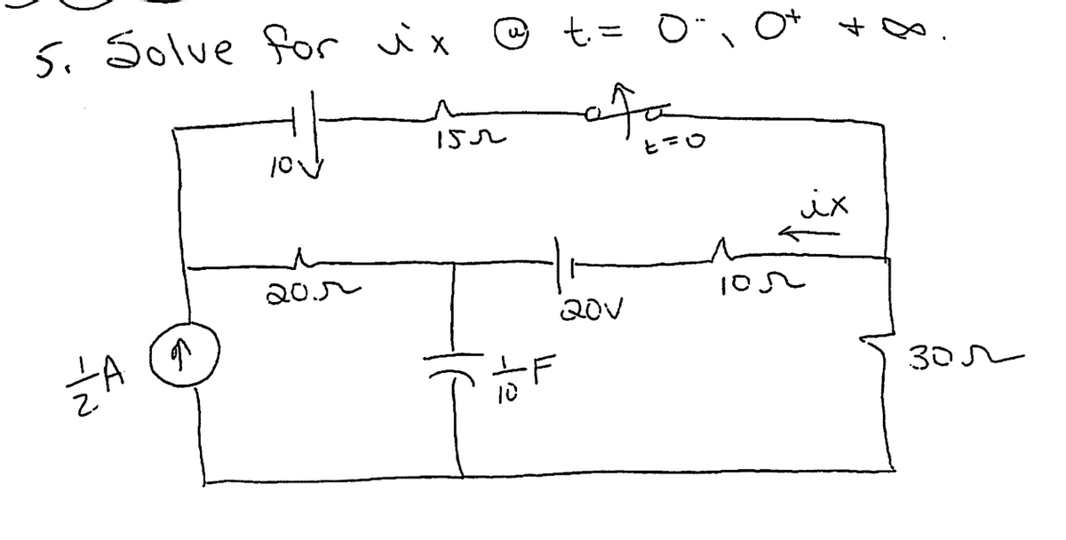 5. Solve for ux @ t₁ =
t₁ = 0, 0+
afa
155
10-
20.5
A
TOF
o
20V
t=0
4
8
ix
ion
зол
