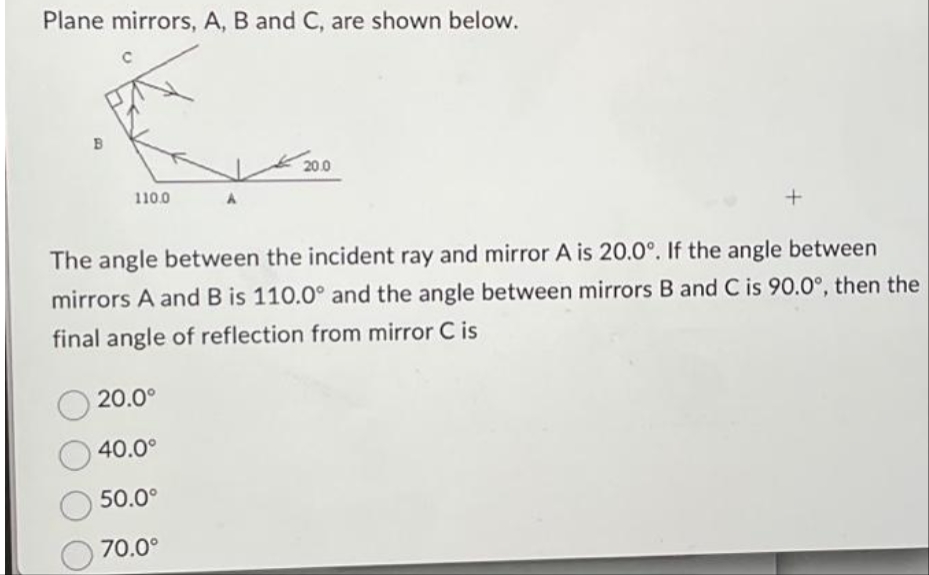 Plane mirrors, A, B and C, are shown below.
B
110.0
20.0
20.0°
40.0°
50.0⁰
70.0°
+
The angle between the incident ray and mirror A is 20.0°. If the angle between
mirrors A and B is 110.0° and the angle between mirrors B and C is 90.0°, then the
final angle of reflection from mirror C is