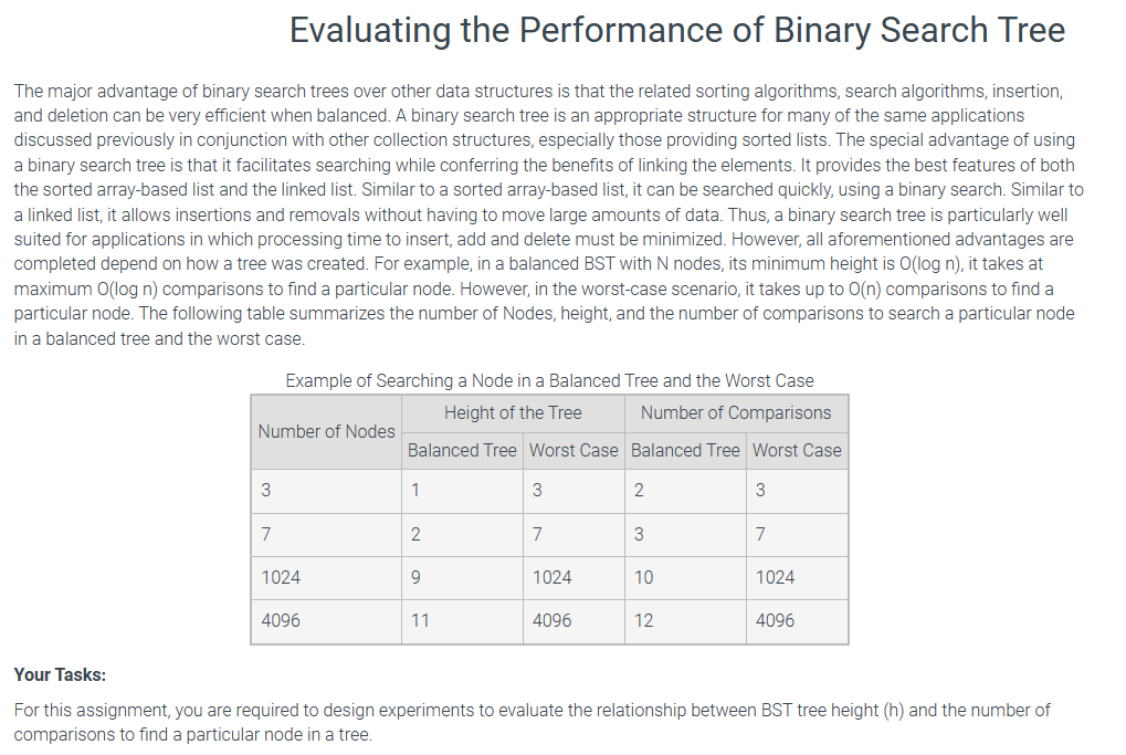 Evaluating the Performance of Binary Search Tree
The major advantage of binary search trees over other data structures is that the related sorting algorithms, search algorithms, insertion,
and deletion can be very efficient when balanced. A binary search tree is an appropriate structure for many of the same applications
discussed previously in conjunction with other collection structures, especially those providing sorted lists. The special advantage of using
a binary search tree is that it facilitates searching while conferring the benefits of linking the elements. It provides the best features of both
the sorted array-based list and the linked list. Similar to a sorted array-based list, it can be searched quickly, using a binary search. Similar to
a linked list, it allows insertions and removals without having to move large amounts of data. Thus, a binary search tree is particularly well
suited for applications in which processing time to insert, add and delete must be minimized. However, all aforementioned advantages are
completed depend on how a tree was created. For example, in a balanced BST with N nodes, its minimum height is O(log n), it takes at
maximum O(log n) comparisons to find a particular node. However, in the worst-case scenario, it takes up to O(n) comparisons to find a
particular node. The following table summarizes the number of Nodes, height, and the number of comparisons to search a particular node
in a balanced tree and the worst case.
Example of Searching a Node in a Balanced Tree and the Worst Case
Number of Nodes
Height of the Tree
Number of Comparisons
Balanced Tree Worst Case Balanced Tree Worst Case
3
1
3
2
3
7
2
7
3
7
1024
9
1024
10
1024
4096
11
4096
12
4096
Your Tasks:
For this assignment, you are required to design experiments to evaluate the relationship between BST tree height (h) and the number of
comparisons to find a particular node in a tree.