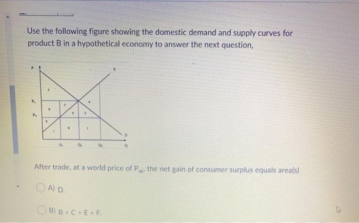 Use the following figure showing the domestic demand and supply curves for
product B in a hypothetical economy to answer the next question,
D
9
M
A) D.
Q.
1
Q
After trade, at a world price of Pw. the net gain of consumer surplus equals area(s)
Q
B) B+C+E+F.
