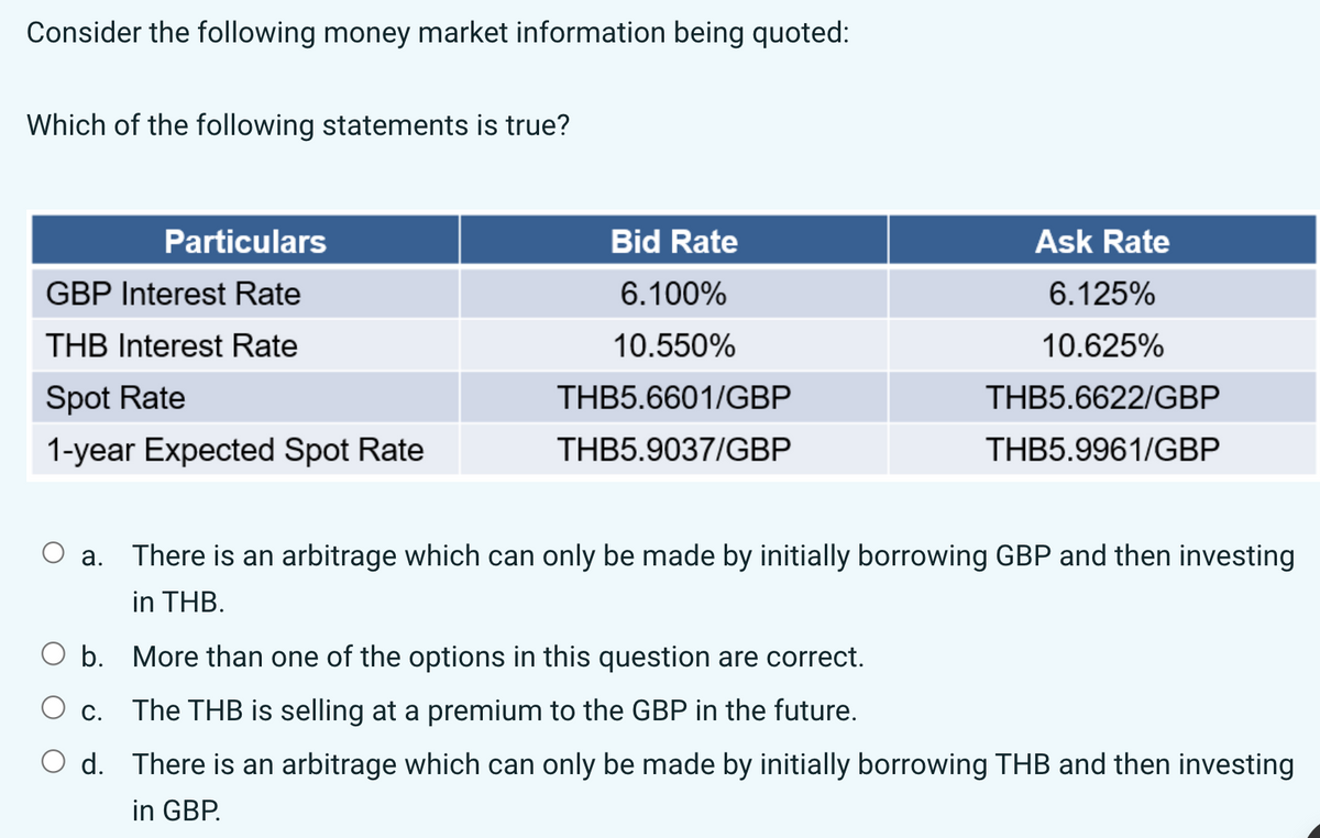 Consider the following money market information being quoted:
Which of the following statements is true?
Particulars
GBP Interest Rate
THB Interest Rate
Spot Rate
1-year Expected Spot Rate
Bid Rate
6.100%
10.550%
THB5.6601/GBP
THB5.9037/GBP
C.
Ask Rate
6.125%
10.625%
THB5.6622/GBP
THB5.9961/GBP
a. There is an arbitrage which can only be made by initially borrowing GBP and then investing
in THB.
b. More than one of the options in this question are correct.
The THB is selling at a premium to the GBP in the future.
O d. There is an arbitrage which can only be made by initially borrowing THB and then investing
in GBP.