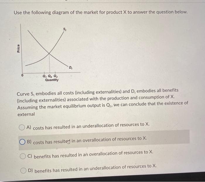 Use the following diagram of the market for product X to answer the question below.
Price
Q₁ Qo Q₂
Quantity
D₁
Curve S, embodies all costs (including externalities) and D, embodies all benefits
(including externalities) associated with the production and consumption of X.
Assuming the market equilibrium output is Q₁, we can conclude that the existence of
external
A) costs has resulted in an underallocation of resources to X.
B) costs has resulted in an overallocation of resources to X.
C) benefits has resulted in an overallocation of resources to X.
D) benefits has resulted in an underallocation of resources to X.