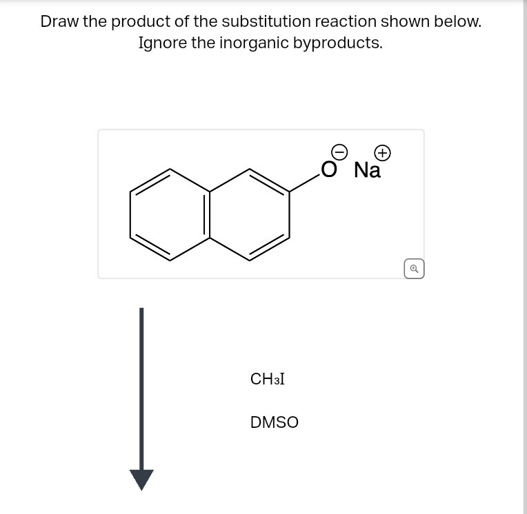Draw the product of the substitution reaction shown below.
Ignore the inorganic byproducts.
CH3I
DMSO
(+)
LO Na
o