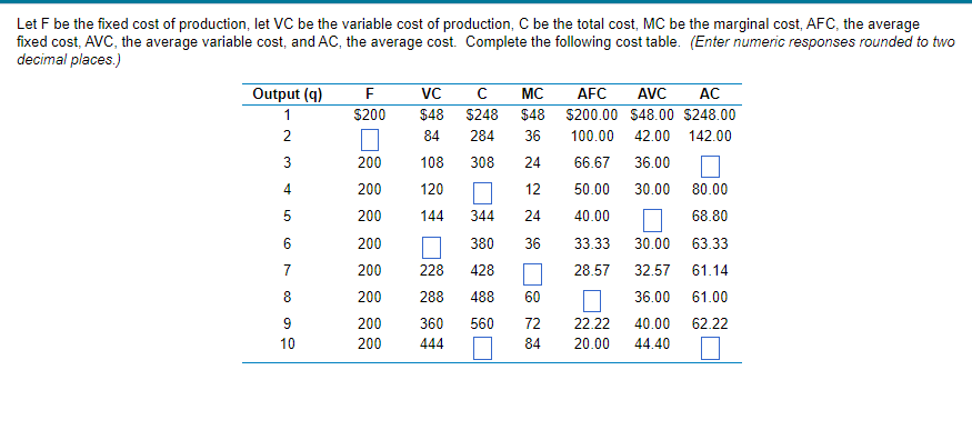 Let F be the fixed cost of production, let VC be the variable cost of production, C be the total cost, MC be the marginal cost, AFC, the average
fixed cost, AVC, the average variable cost, and AC, the average cost. Complete the following cost table. (Enter numeric responses rounded to two
decimal places.)
Output (q)
1
2
3
4
31
5
6
7
8
9
06
10
F
$200
200
200
200
200
200
200
200
200
VC
$48
84
108
120
144 344
380
228
428
288 488 60
560
с MC
$248 $48
AFC AVC
AC
$200.00 $48.00 $248.00
284 36
100.00 42.00 142.00
308
24
66.67
36.00
12 50.00
30.00 80.00
24
40.00
68.80
36
33.33
30.00
63.33
28.57
32.57 61.14
36.00
61.00
40.00
62.22
44.40
360
444
72
84
22.22
20.00
