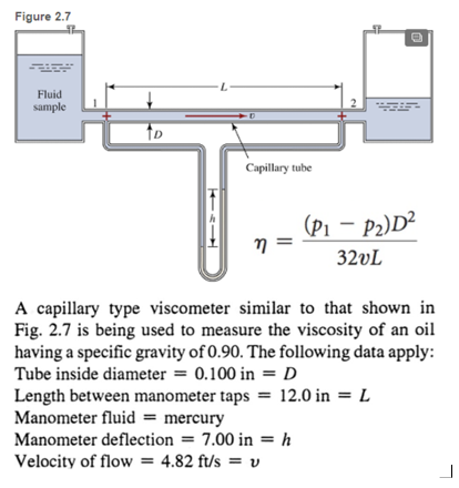 Figure 2.7
Fluid
sample
To
Capillary tube
(Pi – P2)D²
32vL
A capillary type viscometer similar to that shown in
Fig. 2.7 is being used to measure the viscosity of an oil
having a specific gravity of 0.90. The following data apply:
Tube inside diameter = 0.100 in = D
Length between manometer taps = 12.0 in = L
Manometer fluid = mercury
Manometer deflection =
7.00 in = h
Velocity of flow = 4.82 ft/s = v
