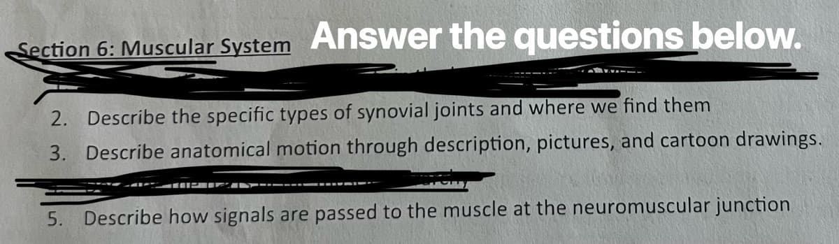 Section 6: Muscular System Answer the questions below.
2. Describe the specific types of synovial joints and where we find them
3. Describe anatomical motion through description, pictures, and cartoon drawings.
5. Describe how signals are passed to the muscle at the neuromuscular junction