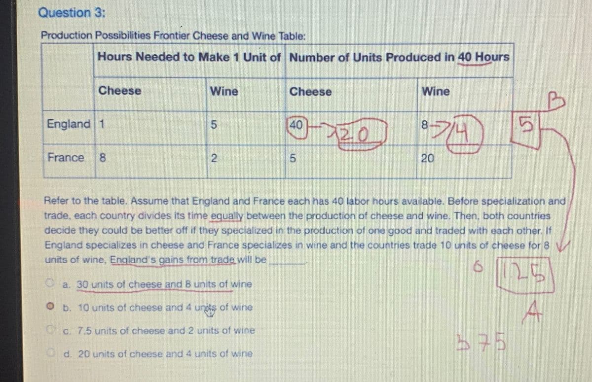 Question 3:
Production Possibilities Frontier Cheese and Wine Table:
Hours Needed to Make 1 Unit of Number of Units Produced in 40 Hours
Cheese
England 1
France 8
Wine
Cheese
Wine
5
40-20
8-714
5
2
5
20
20
Refer to the table. Assume that England and France each has 40 labor hours available. Before specialization and
trade, each country divides its time equally between the production of cheese and wine. Then, both countries
decide they could be better off if they specialized in the production of one good and traded with each other. If
England specializes in cheese and France specializes in wine and the countries trade 10 units of cheese for 8
units of wine, England's gains from trade will be
O
a. 30 units of cheese and 8 units of wine
b. 10 units of cheese and 4 units of wine
C
7.5 units of cheese and 2 units of wine
d. 20 units of cheese and 4 units of wine
0125
A
375