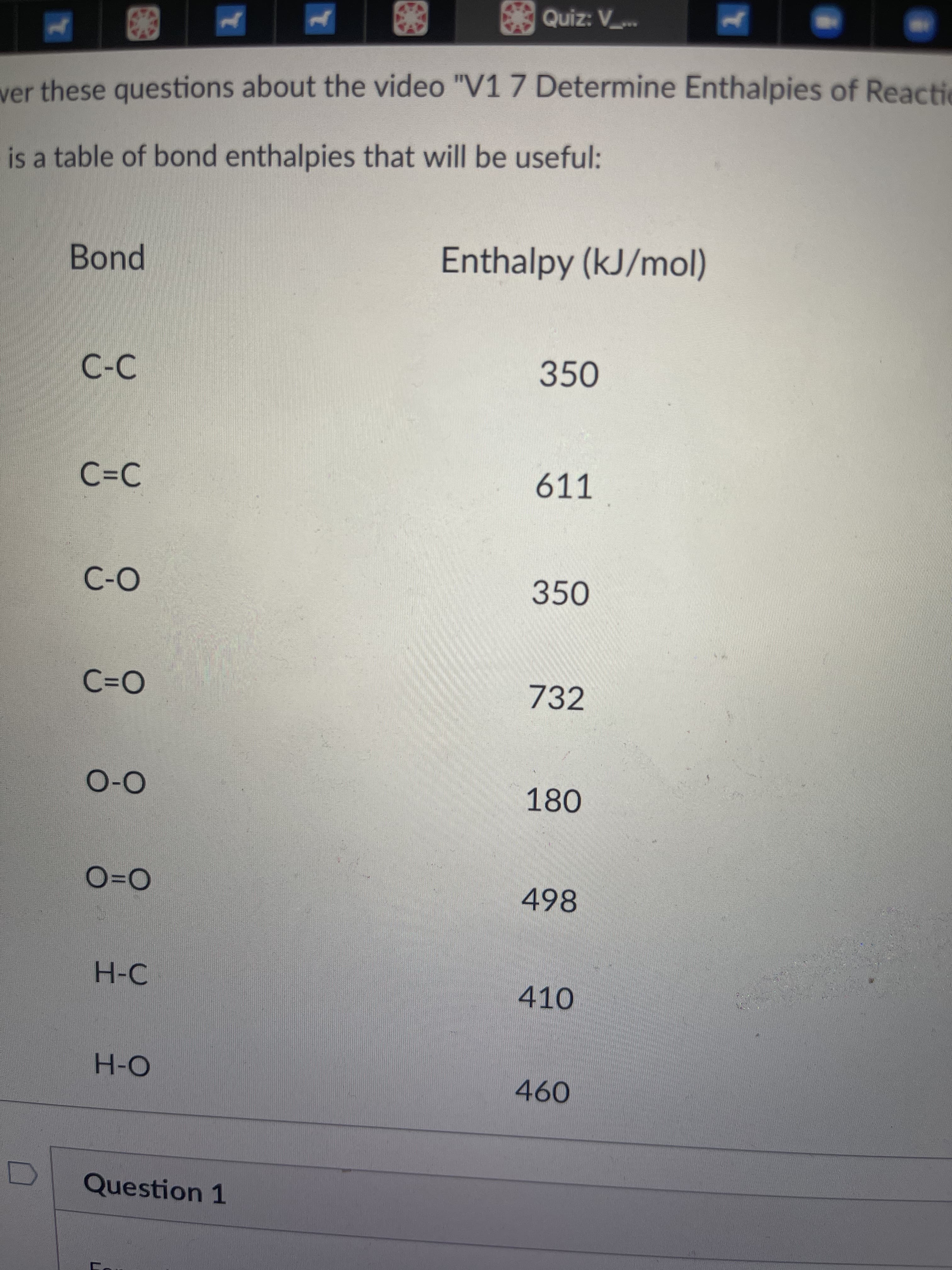ver these questions about the video "V1 7 Determine Enthalpies of Reactic
is a table of bond enthalpies that will be useful:
Bond
Enthalpy (kJ/mol)
350
C=C
611
350
732
180
498
H-C
410
H-O
0460
Question 1
