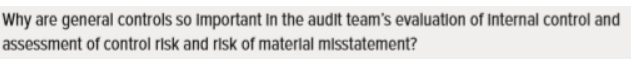 Why are general controls so important in the audit team's evaluation of Internal control and
assessment of control risk and risk of material misstatement?