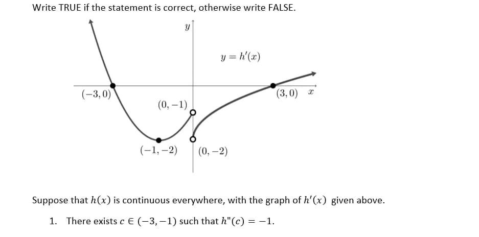 Write TRUE if the statement is correct, otherwise write FALSE.
Y
y = h'(x)
(-3,0)
(3,0) x
(0, -1)
(-1,-2) (0, -2)
Suppose that h(x) is continuous everywhere, with the graph of h'(x) given above.
1. There exists c € (-3,-1) such that h"(c) = -1.