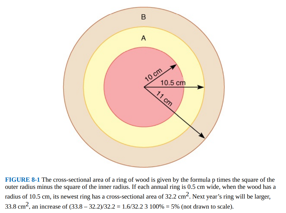 В
A
10 cm
10.5 cm
11 cm
FIGURE 8-1 The cross-sectional area of a ring of wood is given by the formula p times the square of the
outer radius minus the square of the inner radius. If each annual ring is 0.5 cm wide, when the wood has a
radius of 10.5 cm, its newest ring has a cross-sectional area of 32.2 cm². Next year's ring will be larger,
33.8 cm2, an increase of (33.8 – 32.2)/32.2 = 1.6/32.2 3 100% = 5% (not drawn to scale).
