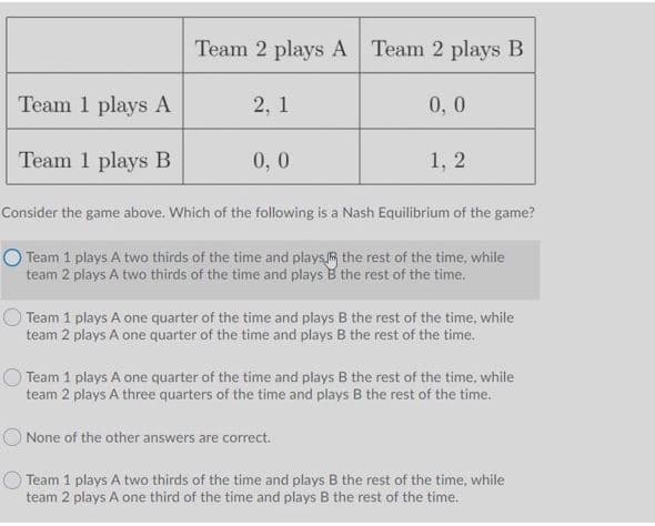 Team 2 plays A Team 2 plays B
Team 1 plays A
2, 1
0,0
Team 1 plays B
0,0
1, 2
Consider the game above. Which of the following is a Nash Equilibrium of the game?
O Team 1 plays A two thirds of the time and plays the rest of the time, while
team 2 plays A two thirds of the time and plays B the rest of the time.
Team 1 plays A one quarter of the time and plays B the rest of the time, while
team 2 plays A one quarter of the time and plays B the rest of the time.
Team 1 plays A one quarter of the time and plays B the rest of the time, while
team 2 plays A three quarters of the time and plays B the rest of the time.
O None of the other answers are correct.
Team 1 plays A two thirds of the time and plays B the rest of the time, while
team 2 plays A one third of the time and plays B the rest of the time.
