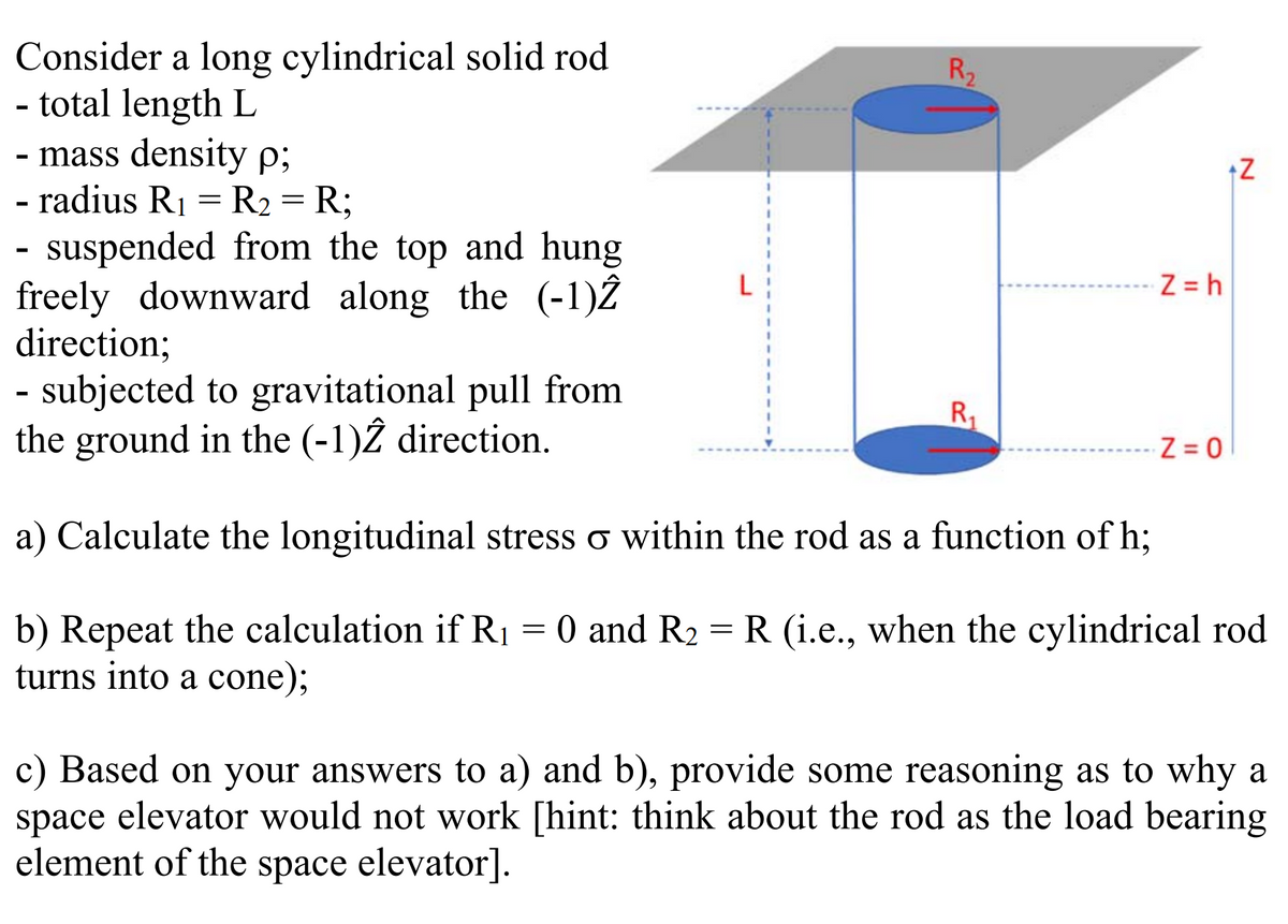 Consider a long cylindrical solid rod
- total length L
- mass density p;
- radius R1 = R2 = R;
suspended from the top and hung
freely downward along the (-1)Ž
direction;
- subjected to gravitational pull from
the ground in the (-1)Ź direction.
R2
+Z
Z = h
R1
Z = 0
a) Calculate the longitudinal stress o within the rod as a function of h;
b) Repeat the calculation ifR|
turns into a cone);
= 0 and R2 = R (i.e., when the cylindrical rod
c) Based on your answers to a) and b), provide some reasoning as to why a
space elevator would not work [hint: think about the rod as the load bearing
element of the space elevator].
