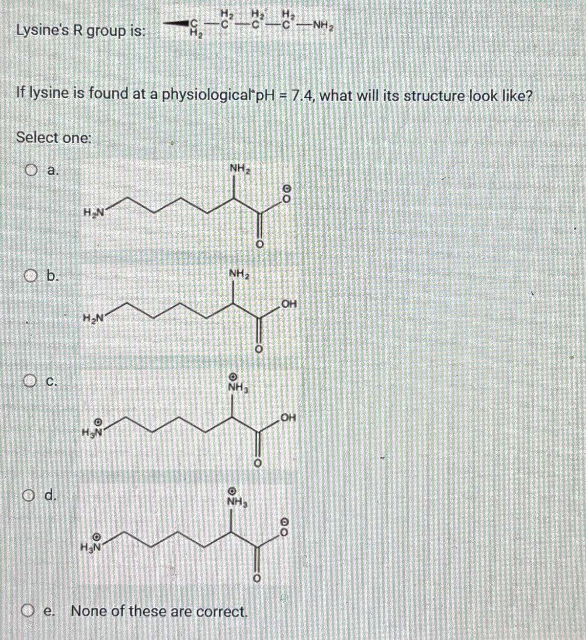 Lysine's R group is:
___NH2
If lysine is found at a physiological pH = 7.4, what will its structure look like?
Select one:
Oa.
NH
O b.
OC.
H₂N
O d.
H₂N'
H.N
NH
00
NH3
OH
CO
O e. None of these are correct.
OH