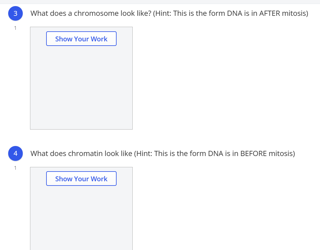 What does a chromosome look like? (Hint: This is the form DNA is in AFTER mitosis)
1
Show Your Work
4
What does chromatin look like (Hint: This is the form DNA is in BEFORE mitosis)
1
Show Your Work
