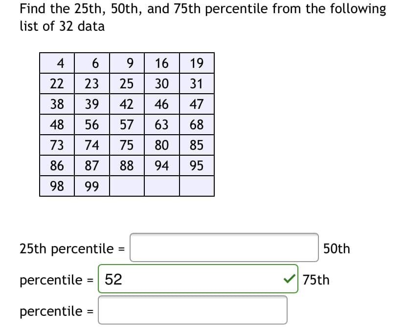 Find the 25th, 50th, and 75th percentile from the following
list of 32 data
4
6
9 16| 19
22
23
25
30
31
38 39
48 56
42
46
47
57
63
68
75 80
87| 88 94 95
73
74
85
86
98
99
25th percentile =
50th
%3D
percentile = 52
v 75th
percentile =
