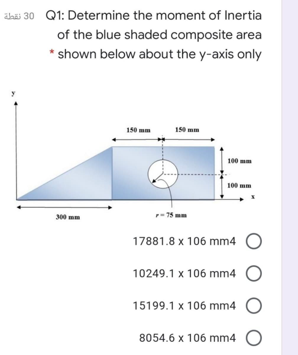 äbäi 30 Q1: Determine the moment of Inertia
of the blue shaded composite area
shown below about the y-axis only
150 mm
150 mm
100 mm
100 mm
300 mm
r = 75 mm
17881.8 x 106 mm4 O
10249.1 x 106 mm4 O
15199.1 x 106 mm4 O
8054.6 x 106 mm4 O
