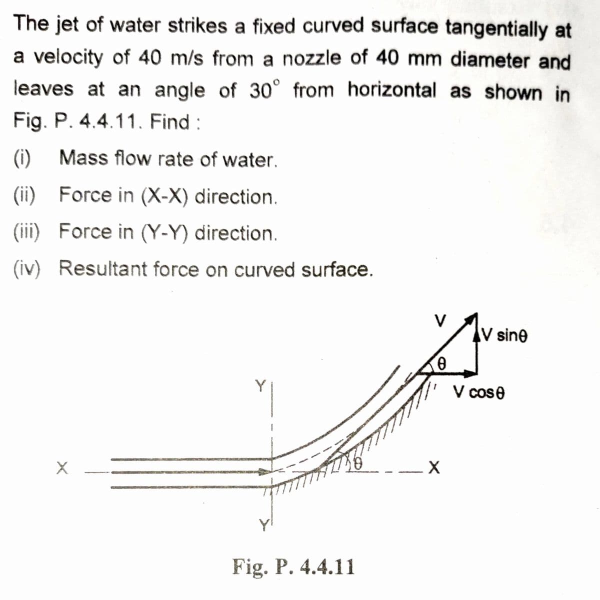 The jet of water strikes a fixed curved surface tangentially at
a velocity of 40 m/s from a nozzle of 40 mm diameter and
leaves at an angle of 30° from horizontal as shown in
Fig. P. 4.4.11. Find :
(i)
Mass flow rate of water.
(ii) Force in (X-X) direction.
(iii) Force in (Y-Y) direction.
(iv) Resultant force on curved surface.
V sine
V cose
Fig. P. 4.4.11
