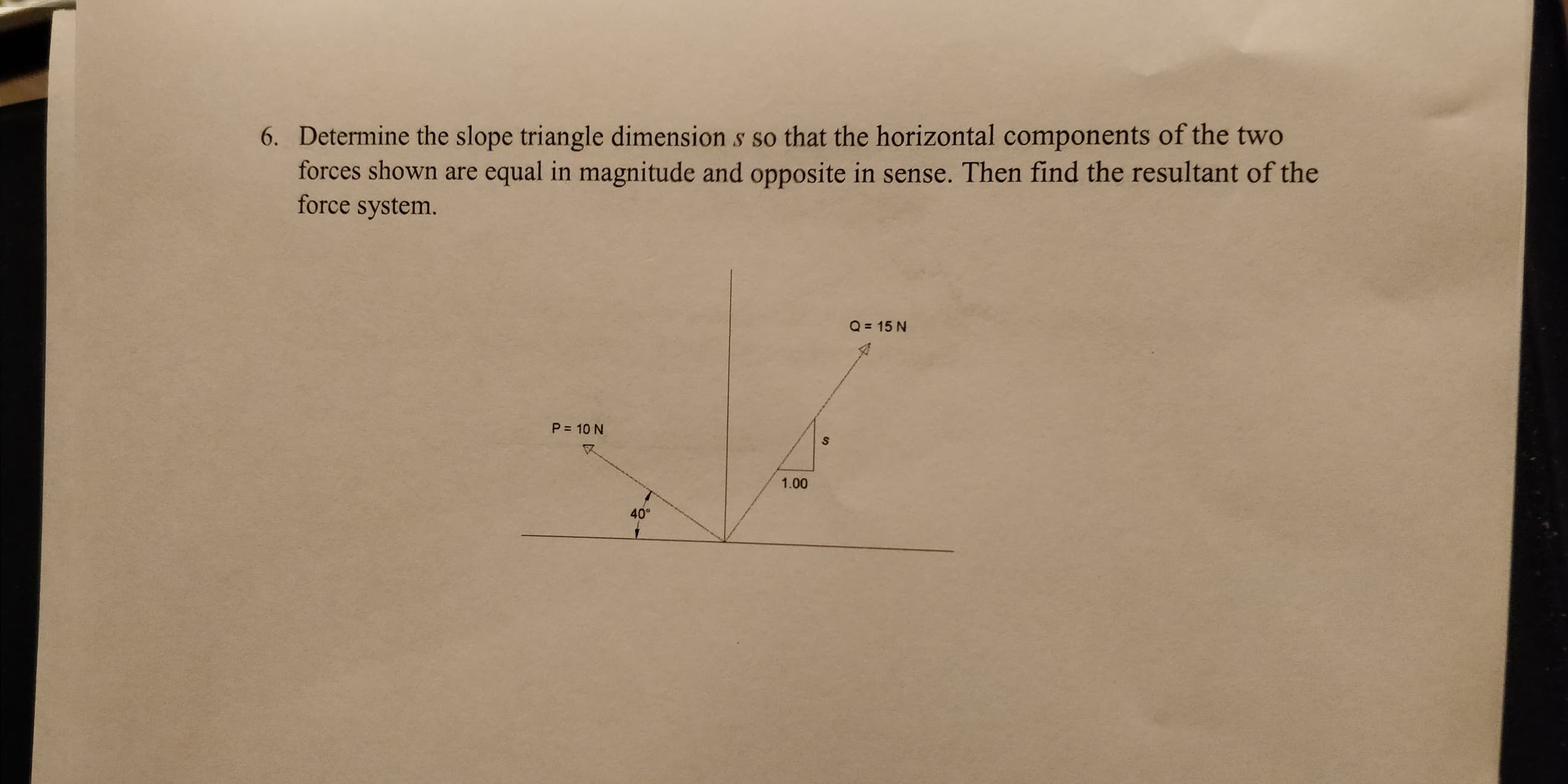 6. Determine the slope triangle dimension s so that the horizontal components of the two
forces shown are equal in magnitude and opposite in sense. Then find the resultant of the
force system.
Q = 15 N
P = 10 N
1.00
40
